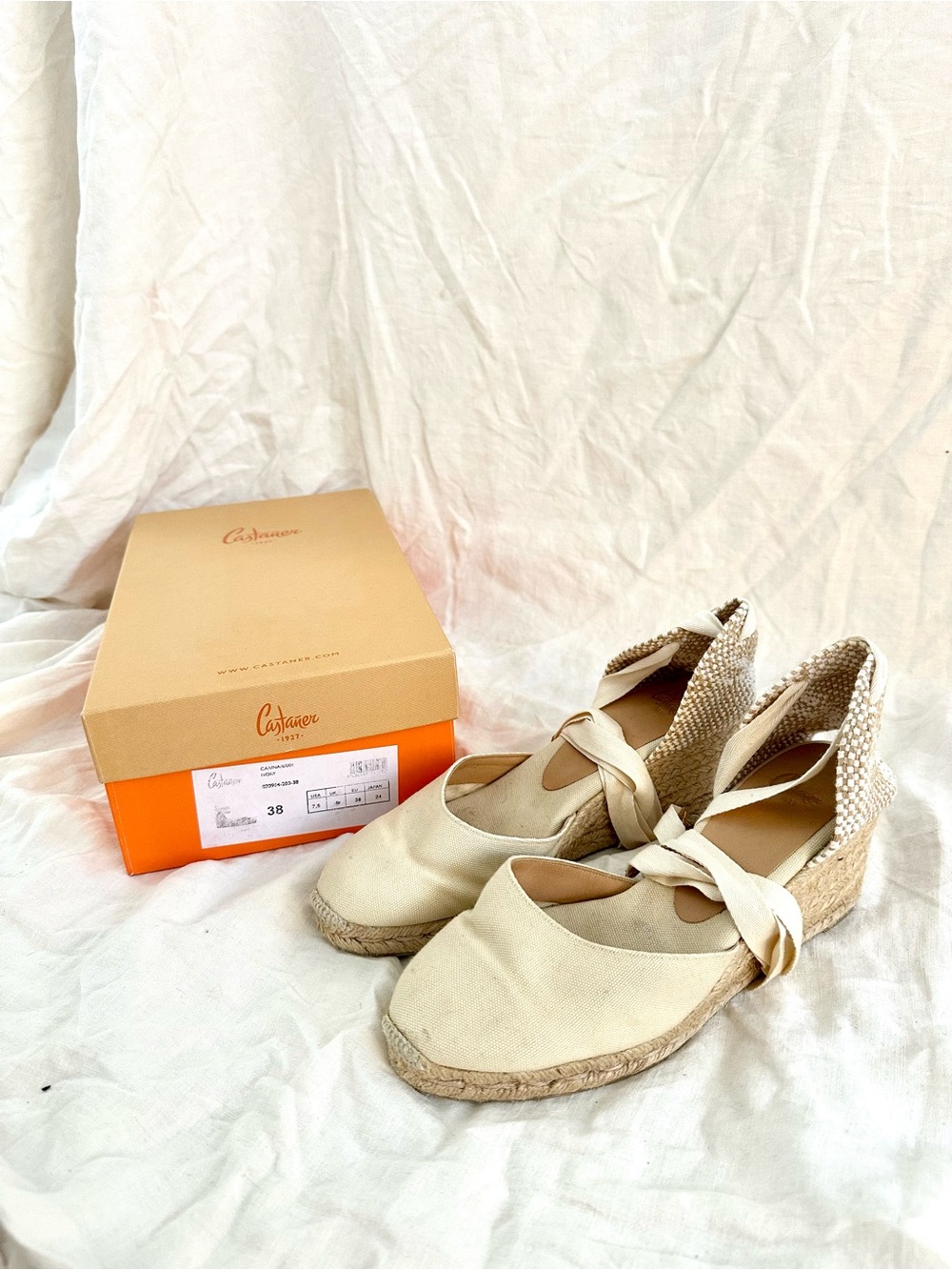 Castaner Cream Canvas Espadrille Wedge Sandals with Ankle Ties
